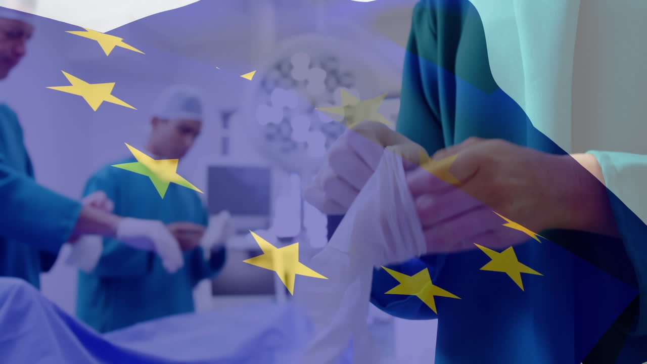 animación de la bandera de la ue sobre los médicos durante la cirugía