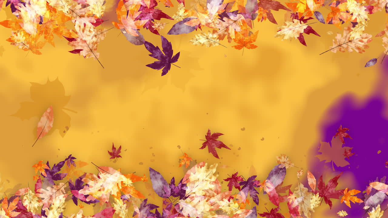 Yellow autumn background with purple spots and falling colored maple leaves. Copy space. Looped motion graphics.