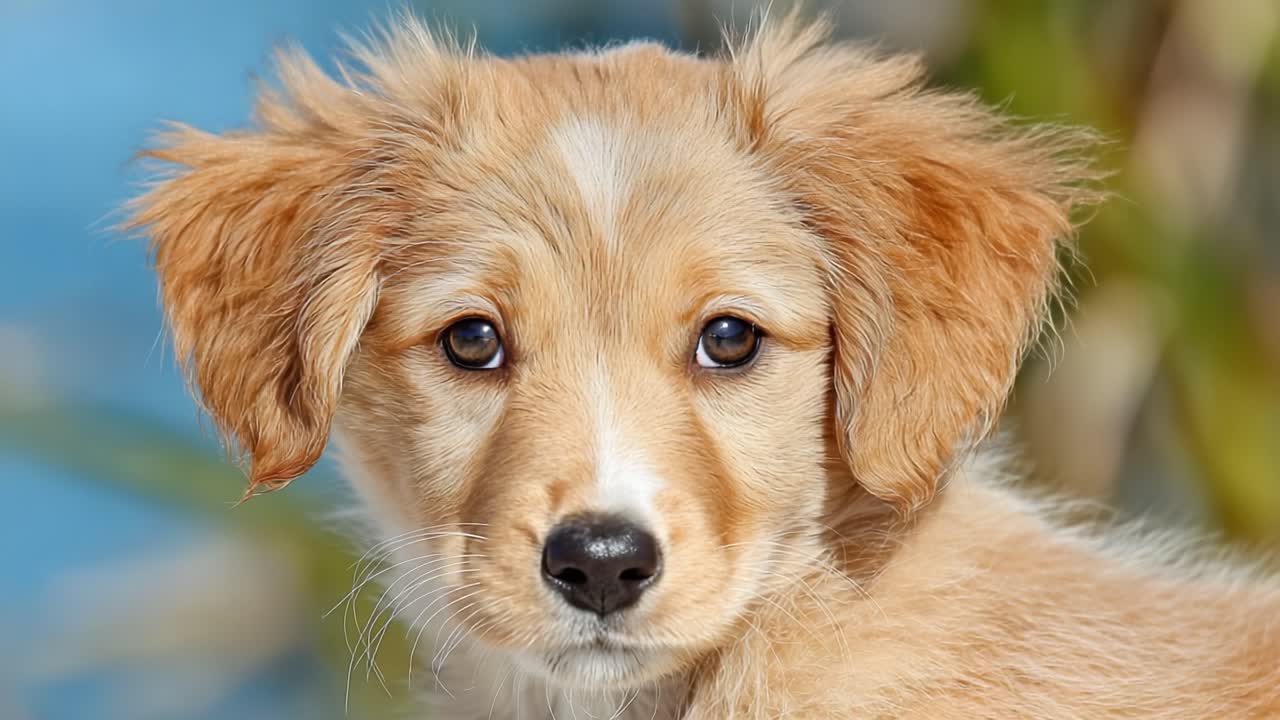 Charming Golden Puppy Captivates with Adorable Expression and Captivating Eyes, Showcasing Its Playful Spirit and Irresistible Charm in Two Stunning Frames