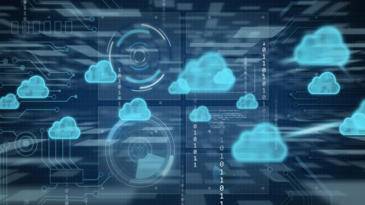 animación de nubes y procesamiento de datos en pantallas.
