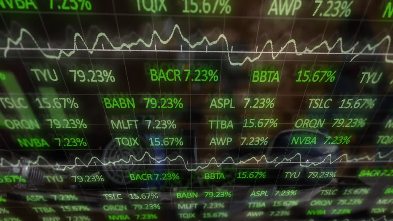 Grafici fluttuanti e numeri percentuali verdi che mostrano i dati del mercato azionario.