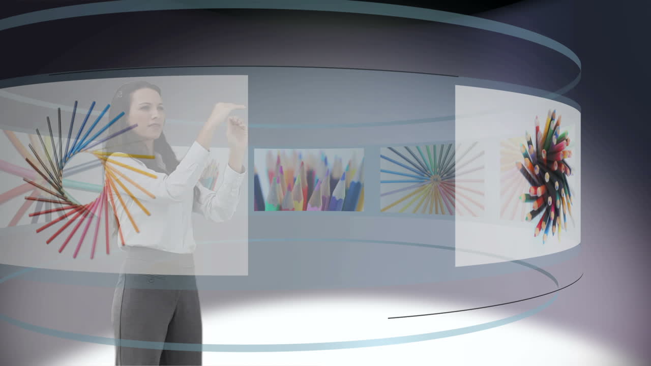 футуристическое видео женщины, выбирающей цветные карандаши