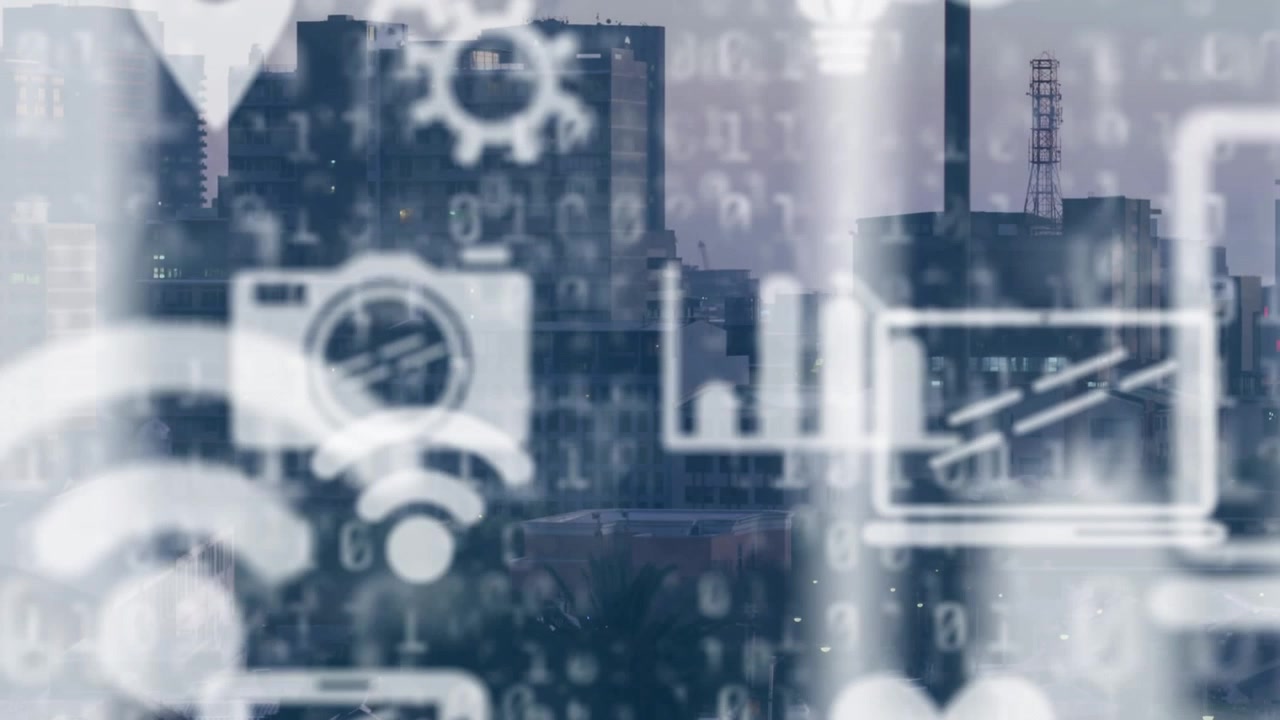 Animation of icons and binary coding, data processing over cityscape