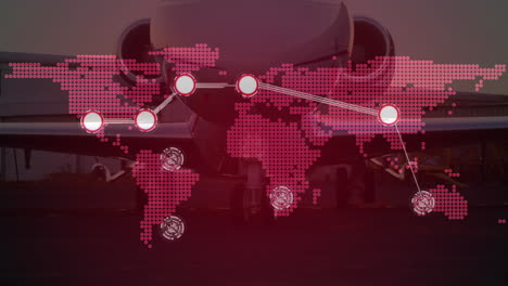connecting dots over world map against private jet on airport runway