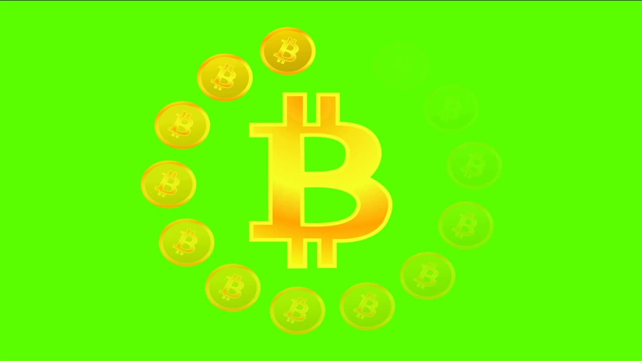 Animation of loading in the form of Bitcoins on a green background.
