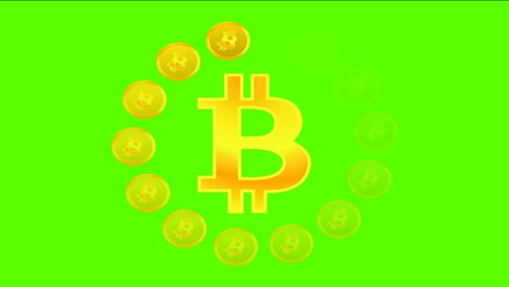 animation of loading in the form of bitcoins on a green background.