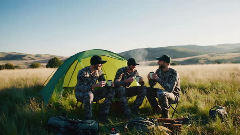 men in camouflage enjoying coffee together while camping in the wilderness