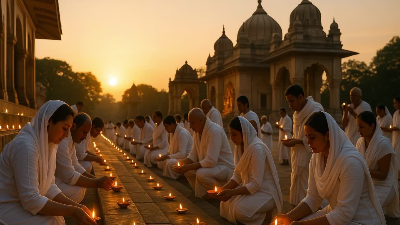 Individuals in white robes participate in a peaceful candle-lighting ceremony at dawn, surrounded by soft light and historical architecture, fostering a sense of community and spirituality