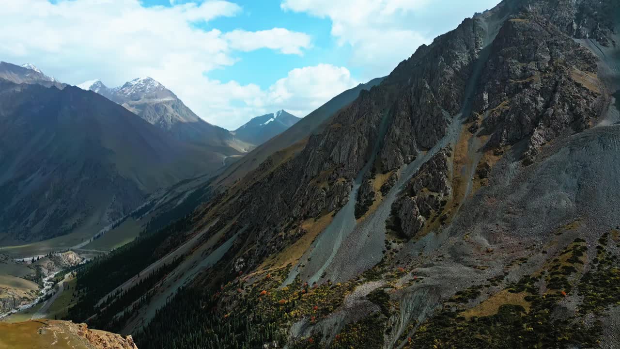 Kyrgyz mountains, alpine slope, rocky ridge, cinematic reveal view
