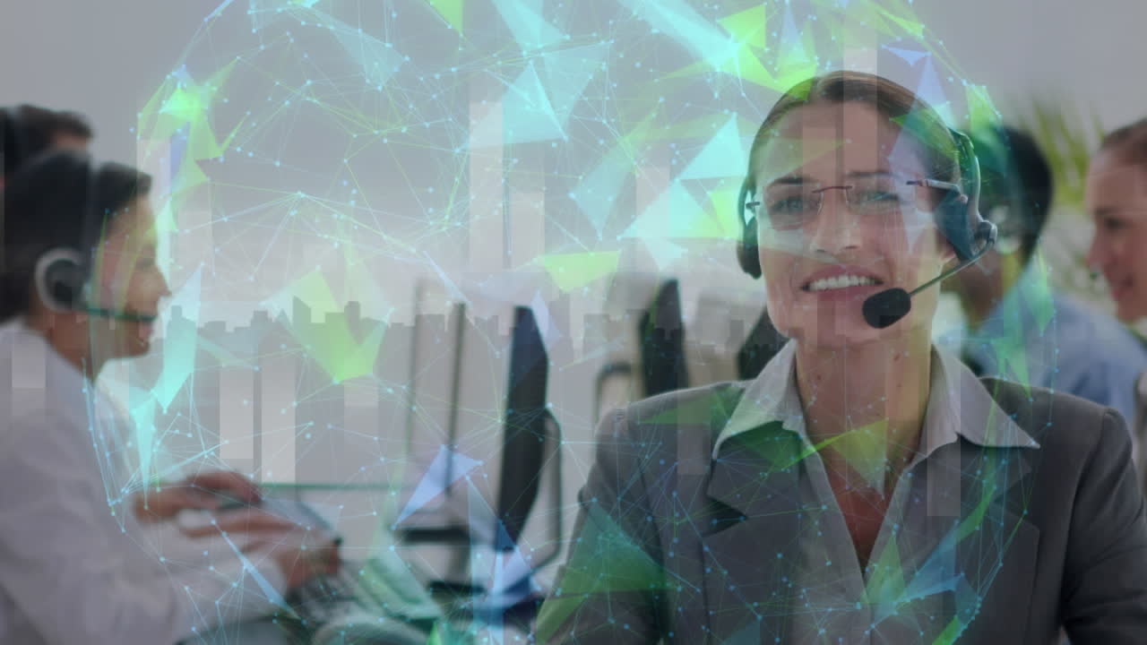 animación de la red de conexiones y el mundo sobre la gente de negocios usando auriculares de teléfono