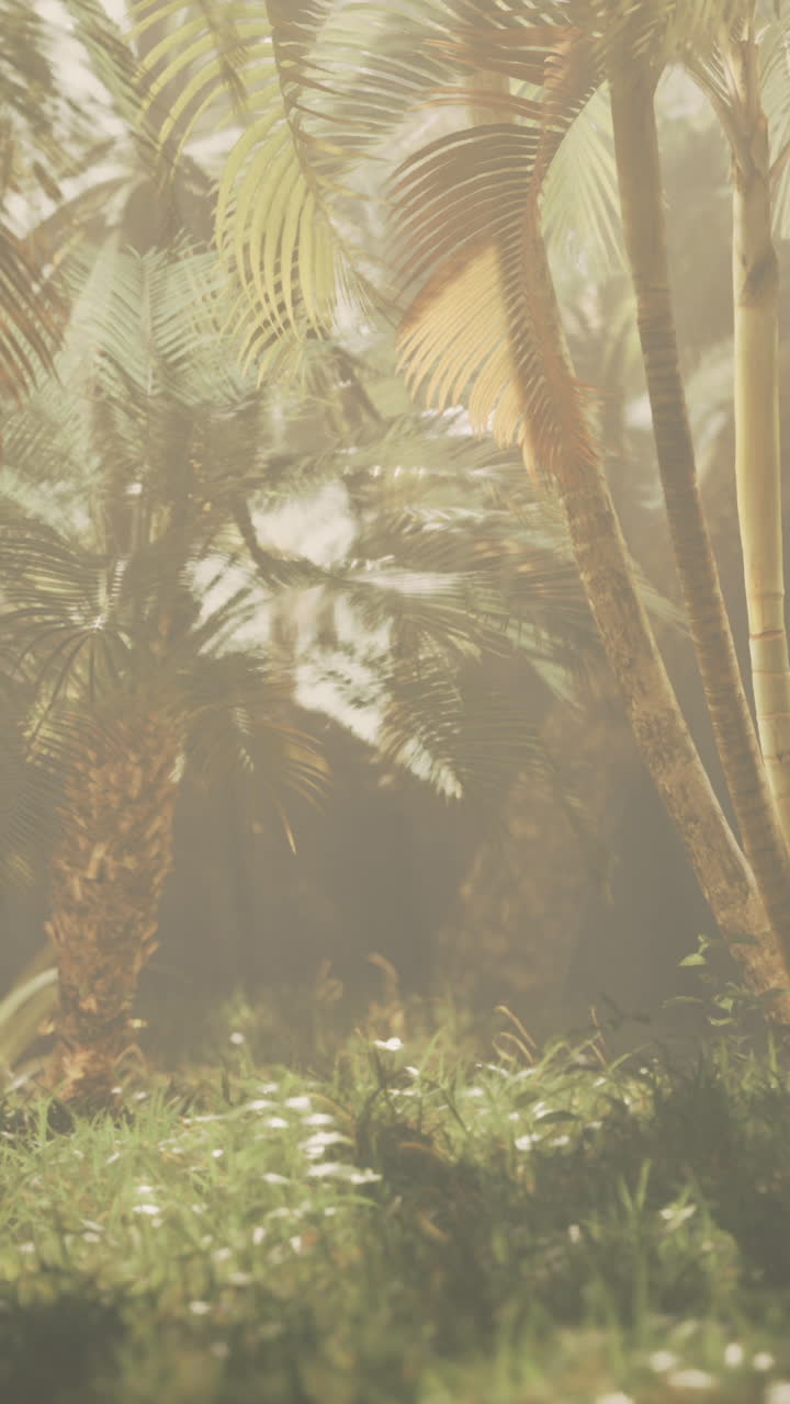 Sunlight filtering through palm trees in a serene tropical paradise setting