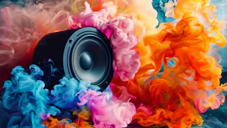 a speaker with colorful smoke coming out of it