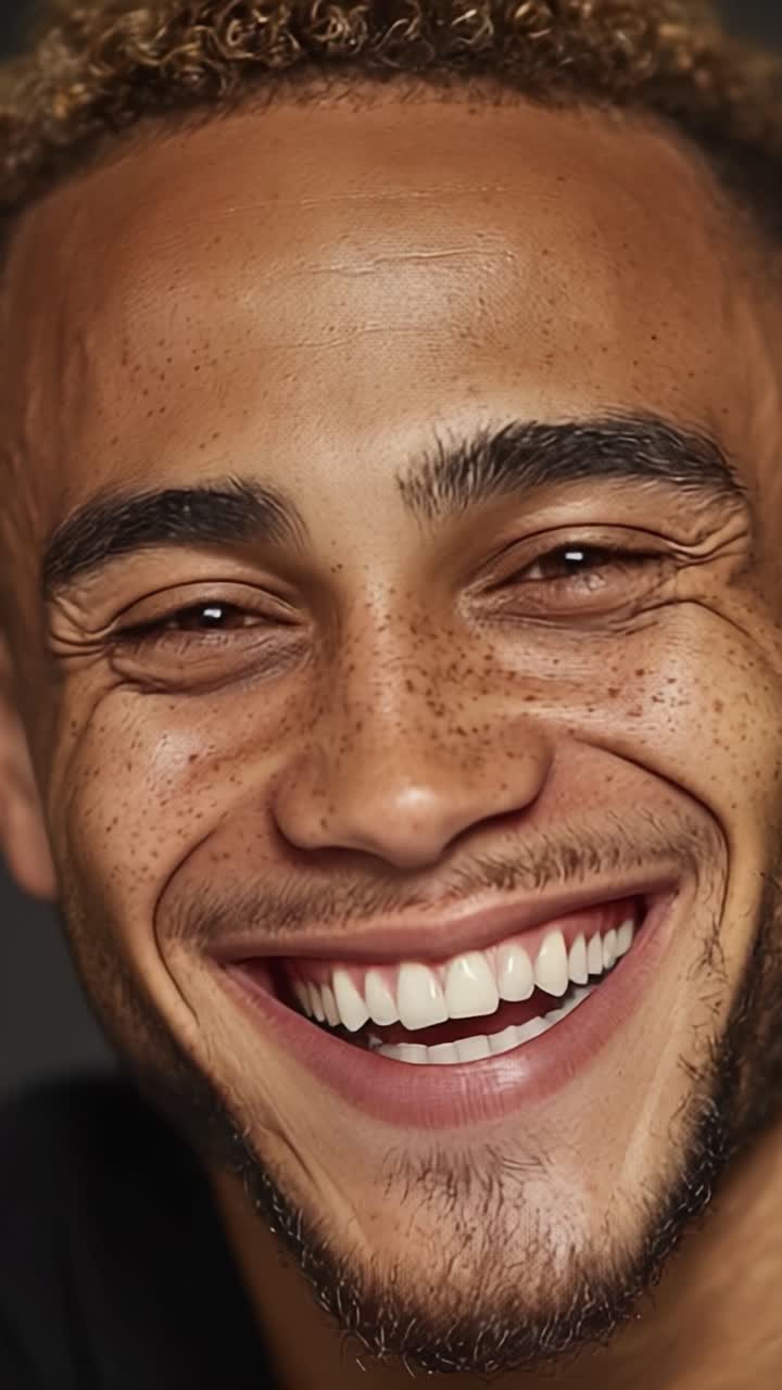 Expressão Alegre Capturada em Close-Up - Um Sorriso Caloroso Irradiando Felicidade e Confiança com Olhos Brilhantes e Dentes Reluzentes.