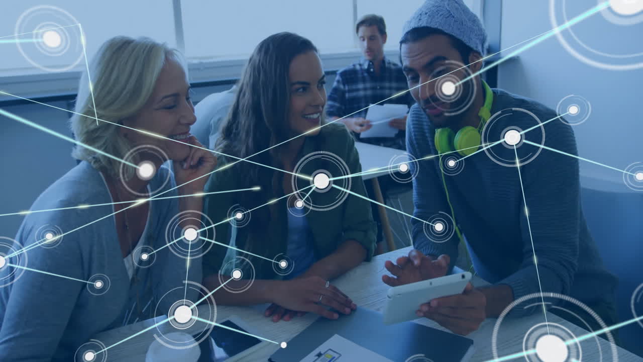 Animation of network of conncetions over diverse colleagues discussing work in office