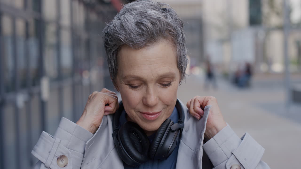 retrato independiente mujer de negocios de mediana edad sonriendo disfrutando de un cómodo estilo de vida urbano en la ciudad profesional mujer mayor vestida de moda elegante cámara lenta