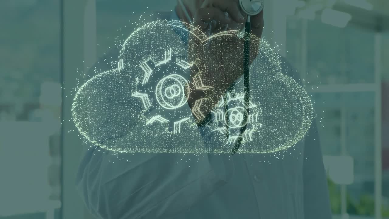 Senior male doctor lifting stethoscope by window creating medical hologram gear icons scattering