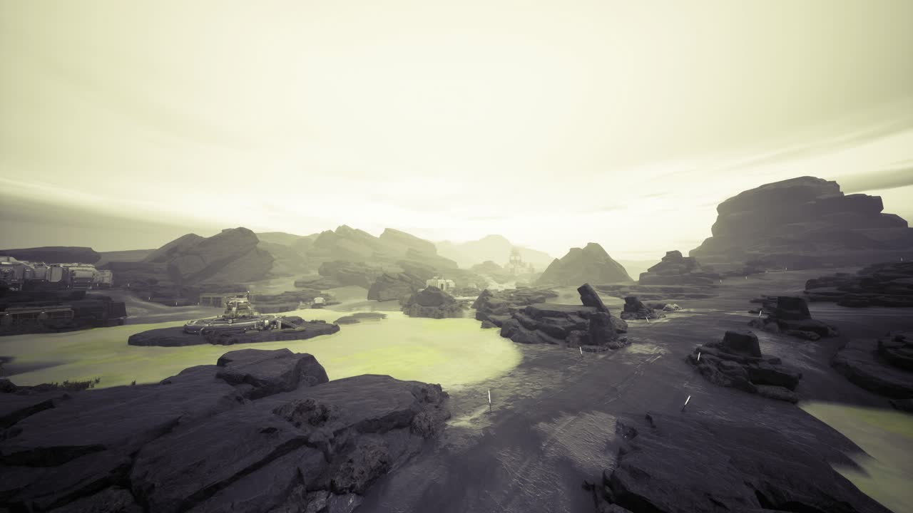 Silent emerald pools nestled within rugged valleys under soft haze
