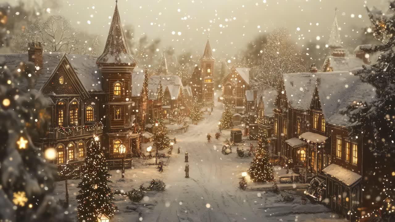 Charming winter village scene with snow falling, captured from a high angle