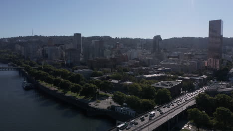 waterfront and skyline of downtown portland oregon on sunny afternoon