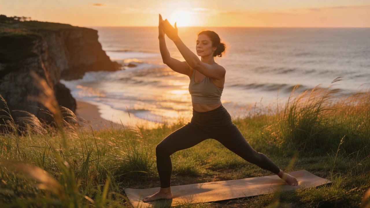 Donna aggraziata che pratica pose yoga vicino a una scogliera erbosa al tramonto, con tappetino, reggiseno sportivo e leggings, mentre le onde si infrangono.