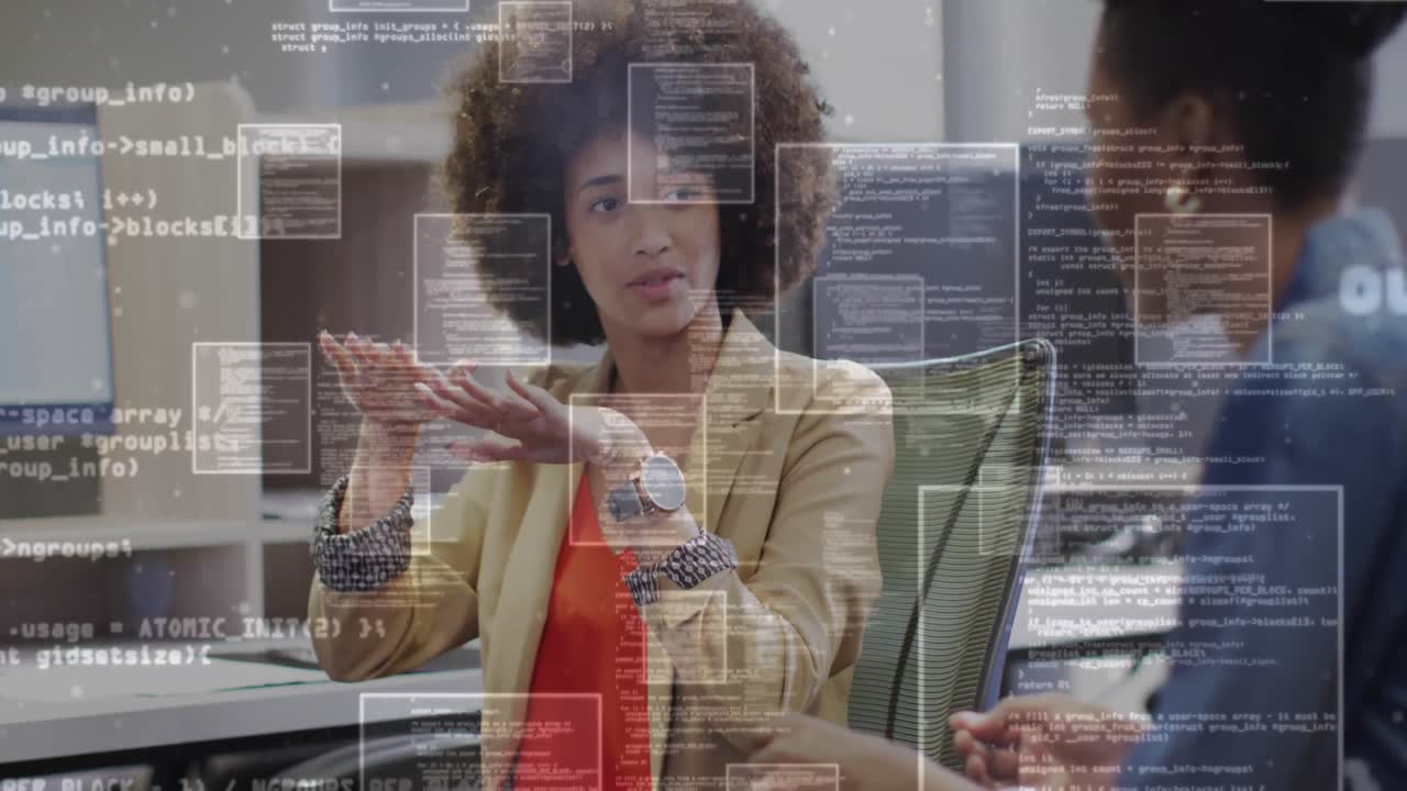 Animation of financial data processing over diverse business people in office