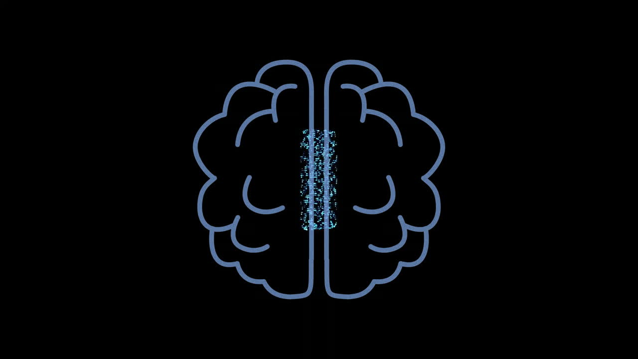 Animation of artificial intelligence brain and data processing over black background