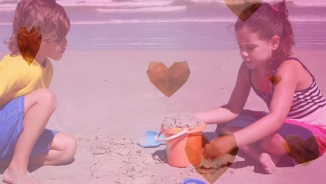animación de iconos de corazón sobre hermanos caucásicos felices jugando en la playa