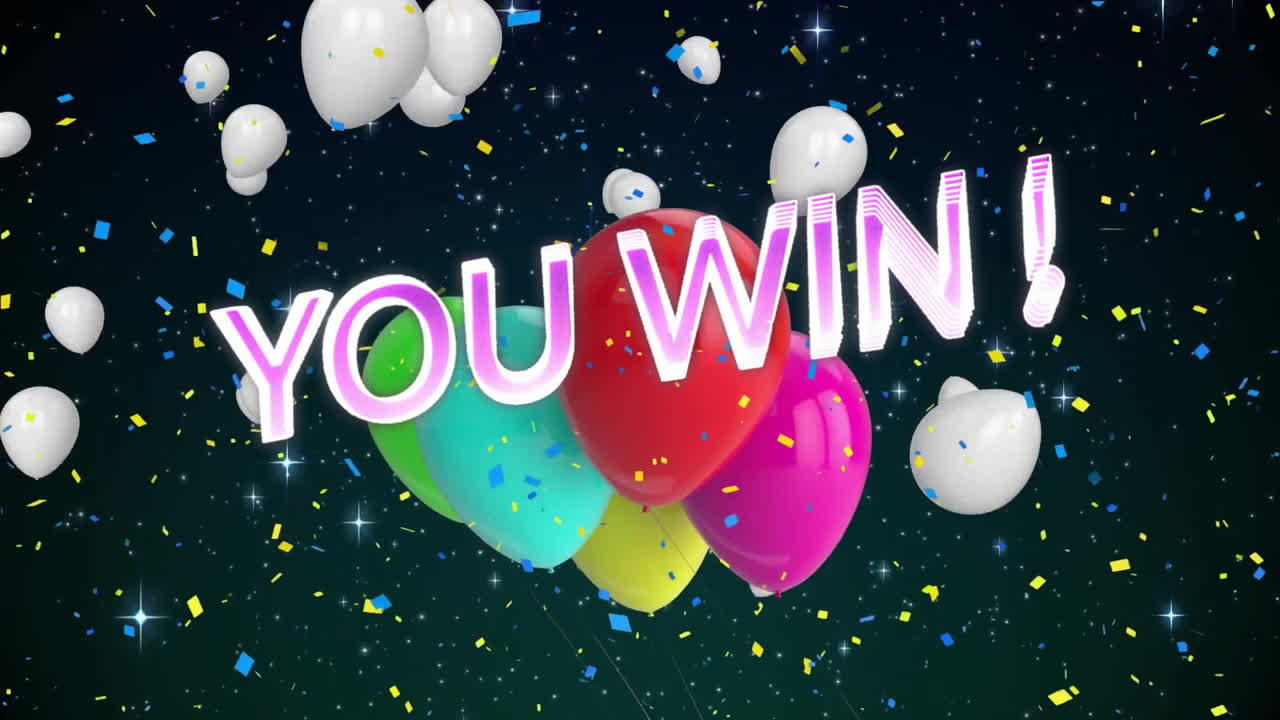 다채로운 풍선의 애니메이션, 당신은 검은 바탕에 텍스트, 콘페티 및 렌즈 플레어를 이길 수 있습니다.