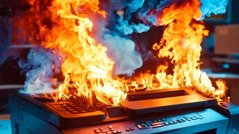 A printer on fire in an office setting