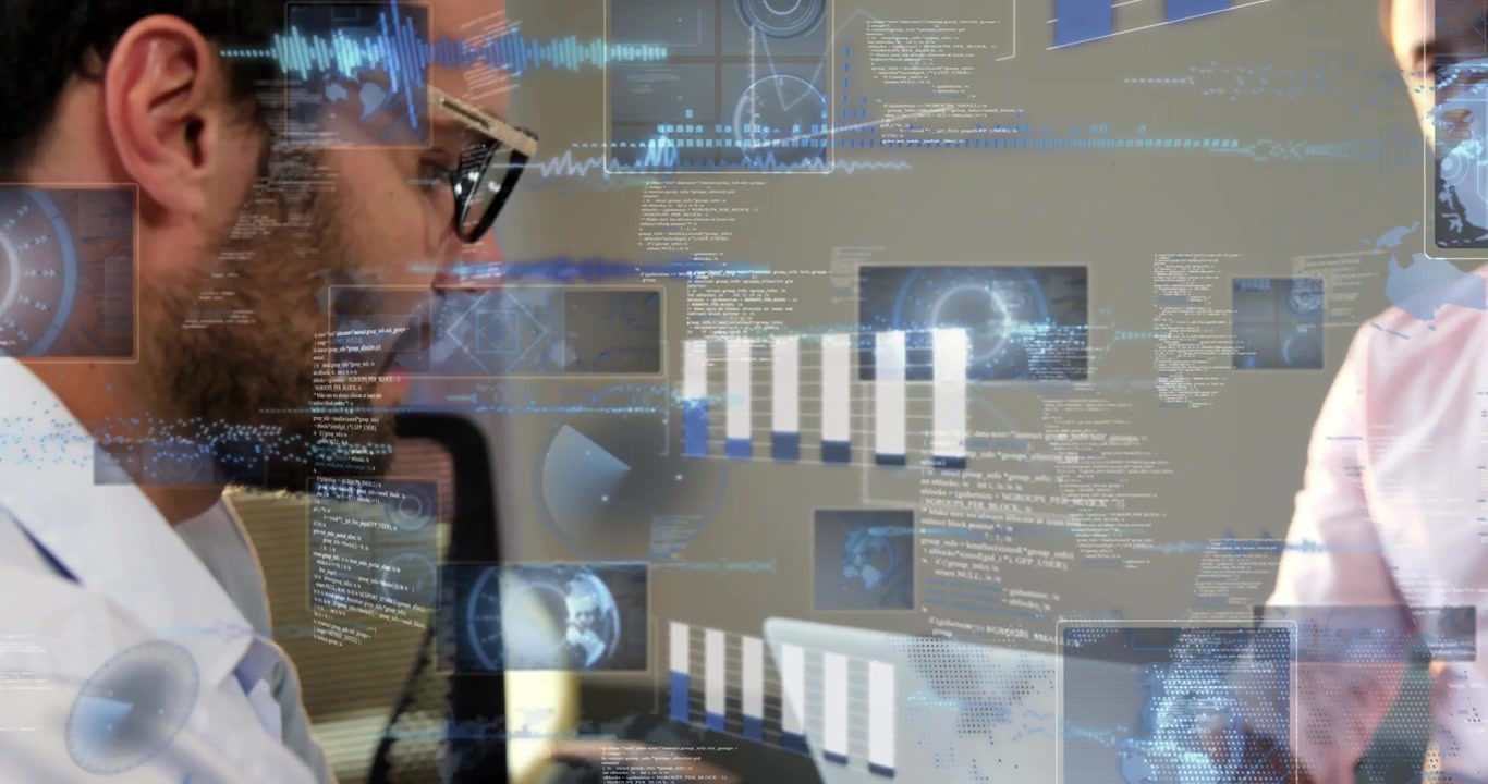 Man reviewing report while colleague gesturing, activating business holographic charts over laptop