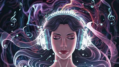 woman with headphones listening to music in a colorful abstract background