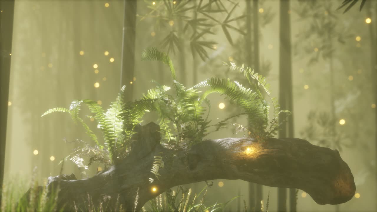 tronco del árbol doblado horizontalmente con helechos creciendo, y la luz del sol brillando