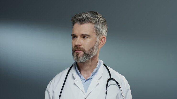 Close Up Of The Good Looking Happy And Smiled Man Doctor In White Gown And With Stethoscope On His Neck Looking Straight To The Camera
