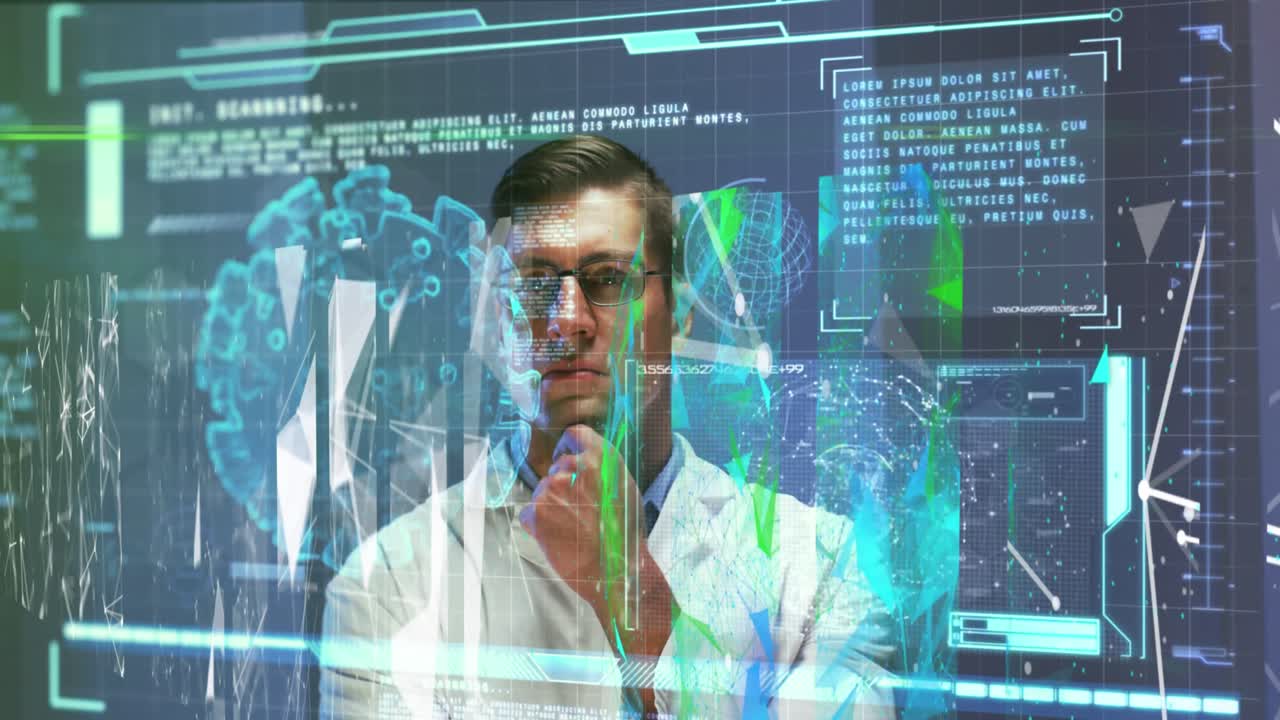 Animation of data processing with virus cell over caucasian male scientist