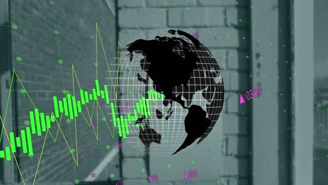 Animation-Von-Finanzdiagrammen-Und-Globus-über-Dem-Gebäude