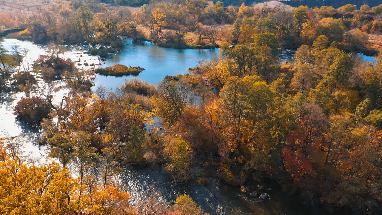 Autumn forest river landscape. Aerial view of the autumn forest and river