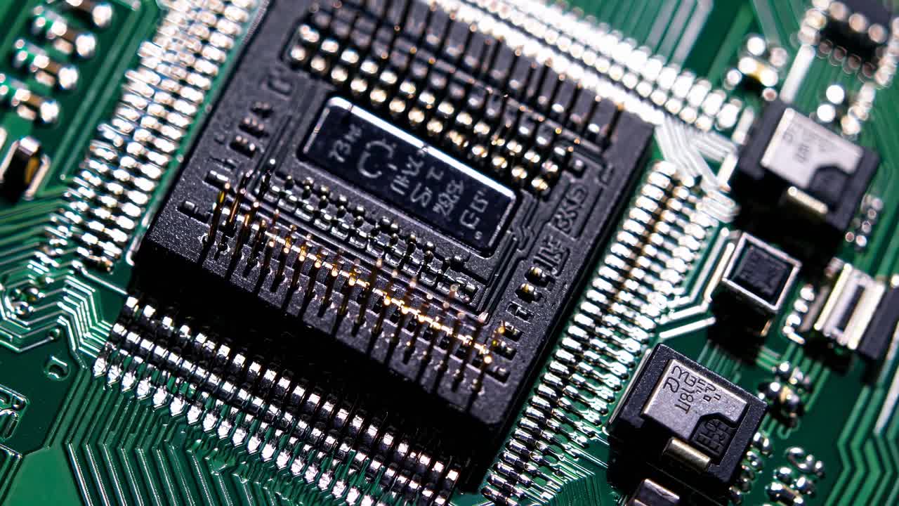 Close-up, angled shot of a microchip on a green circuit board, highlighting intricate details