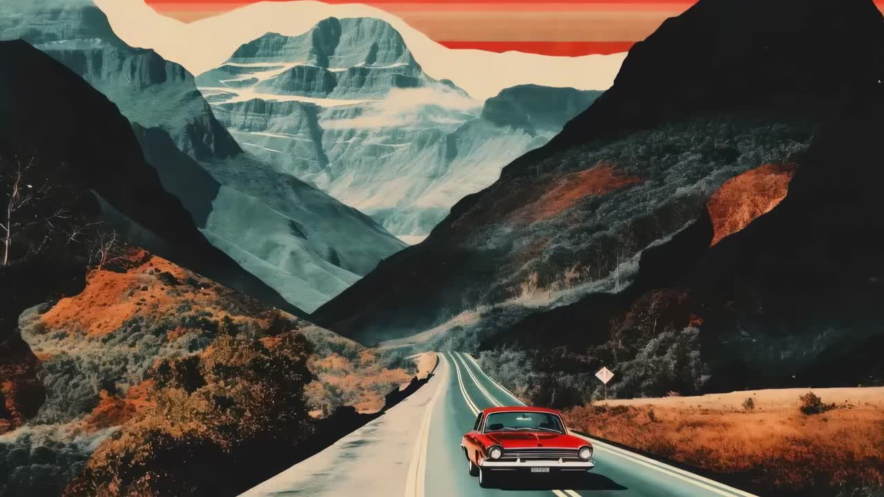A vintage red car drives through a scenic mountain road in autumn