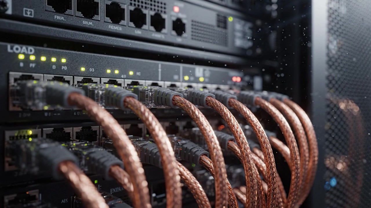 A Detailed Glimpse of Network Server Components Showcasing Copper Cables and Connected Ports in a High-Tech Data Center Environment