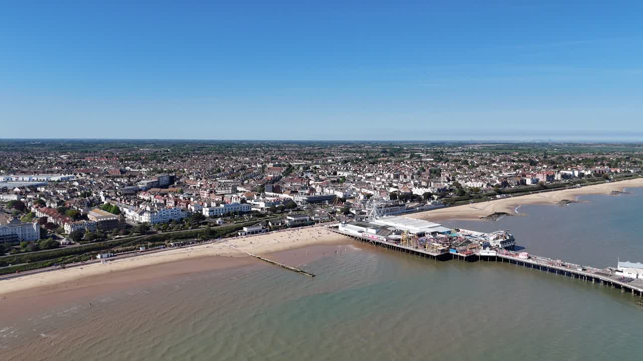 Clacton On Sea Essex beach and pier drone,aerial sunny day clear blue sky