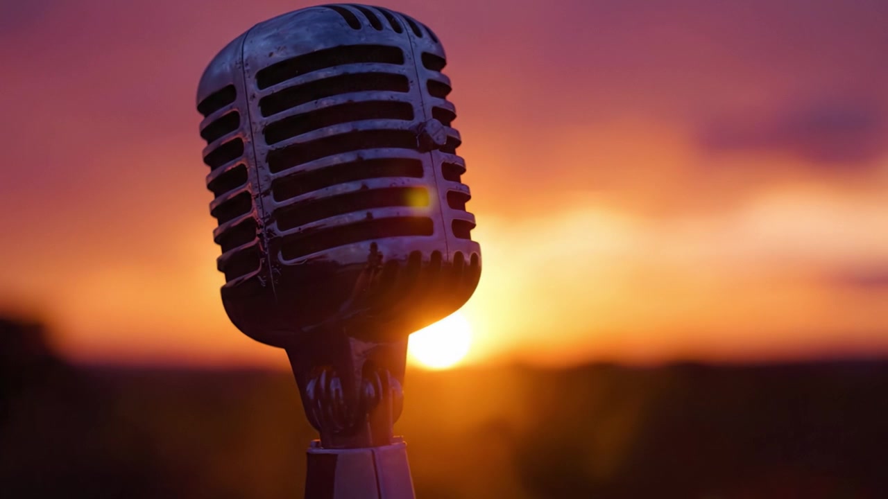 Immagini accattivanti di tramonti con un microfono classico in silhouette contro un cielo vibrante, perfette per temi di musica ed espressione creativa