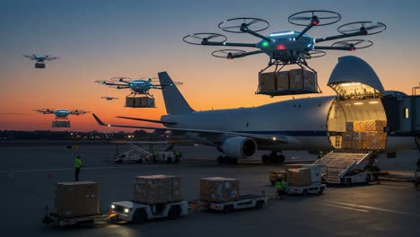 advanced drone logistics in action: a stunning sunset over an airport with drones delivering packages from a cargo plane to various locations