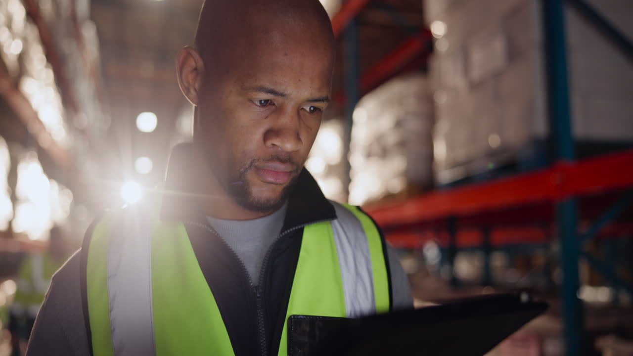 Warehouse worker with tablet inspecting inventory