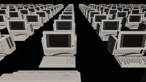 Unendliche-Symmetrische-Reihen-Von-Retro-PC-Computern-Mit-Bildschirmen-Und-Tastatur-–-3D-Animation