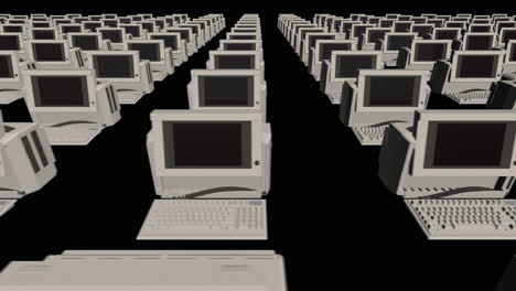 infinite symmetrical rows of retro pc computers with screens and keyboard - 3d animation