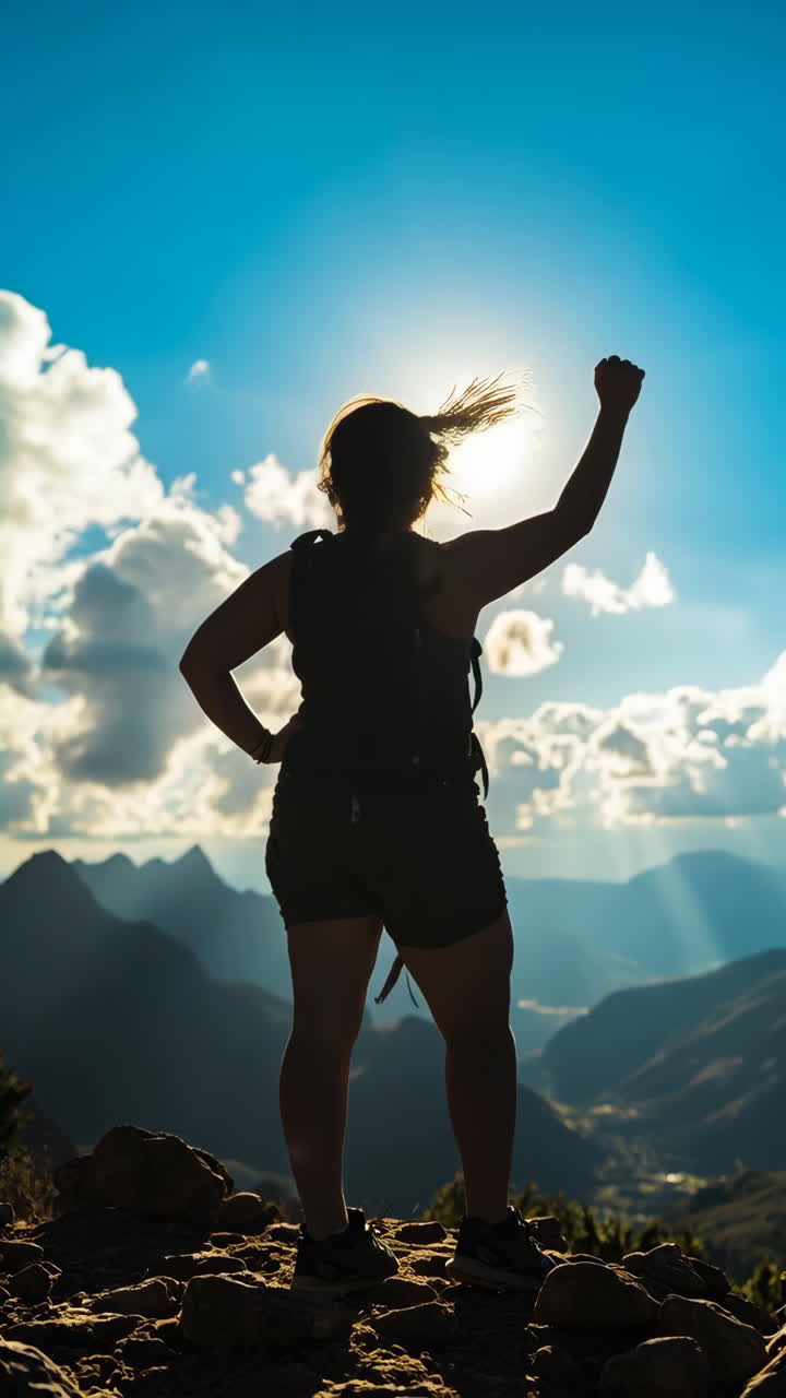 Silhouette of a hiker enjoying the panoramic mountain view at sunset or sunrise