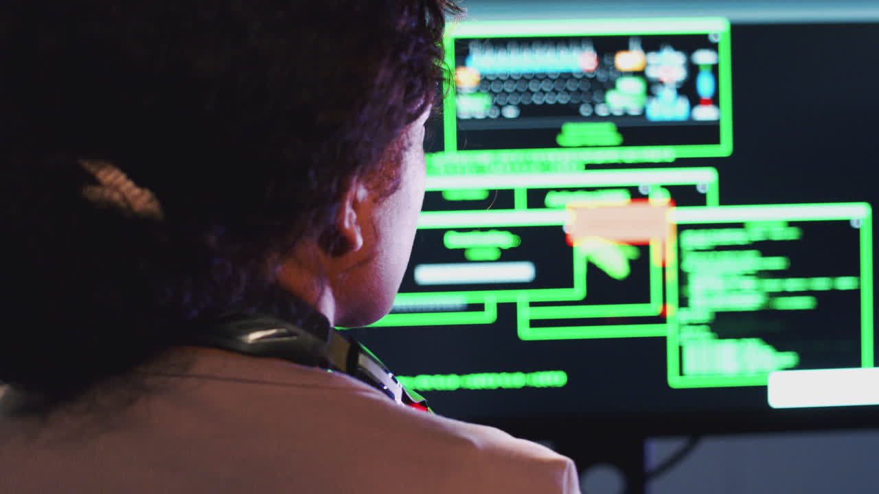 Vista posteriore di un'hacker adolescente seduta davanti a schermi di computer che aggira la sicurezza informatica