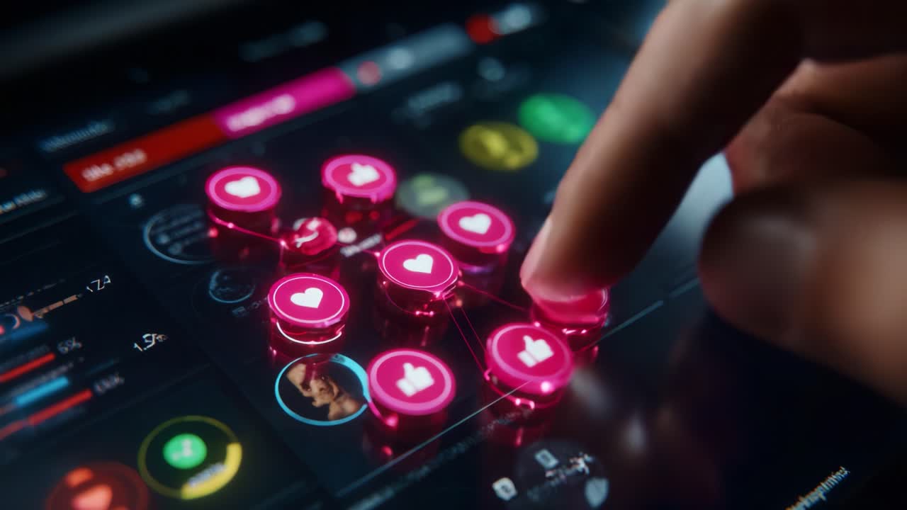 User Interaction on Visual Interface: A Close-Up of a Hand Engaging with Interactive Elements Symbolizing Likes and Hearts on a High-Tech Digital Screen