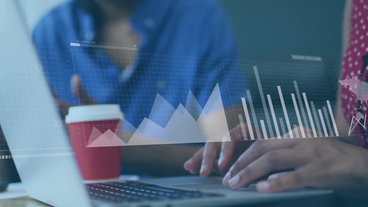 Animation of financial data processing over diverse business people