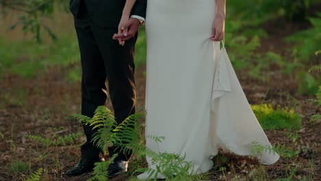 couple hand in hand, standing together in a peaceful forest clearing